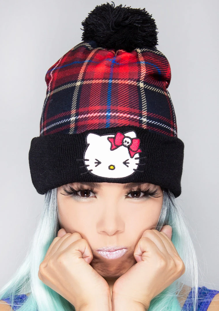 BIOWORLD X Hello Kitty Plaid Punk Pom Beanie 3 BIOWORLD X Hello Kitty Plaid Punk Pom Beanie
