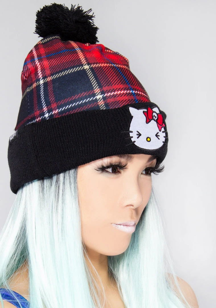 BIOWORLD X Hello Kitty Plaid Punk Pom Beanie 4 BIOWORLD X Hello Kitty Plaid Punk Pom Beanie