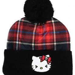 BIOWORLD X Hello Kitty Plaid Punk Pom Beanie 8 BIOWORLD X Hello Kitty Plaid Punk Pom Beanie