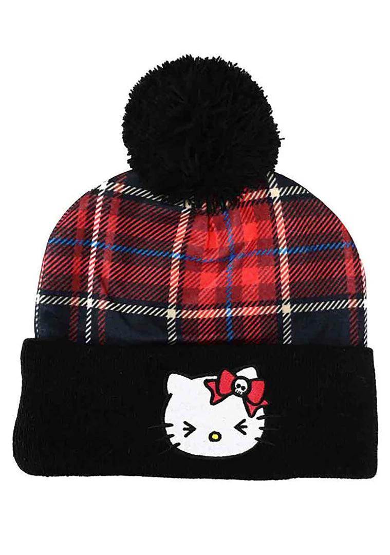BIOWORLD X Hello Kitty Plaid Punk Pom Beanie 5 BIOWORLD X Hello Kitty Plaid Punk Pom Beanie