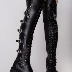 Demonia Shoes Black Widow Lace Up Knee High Platform Boots