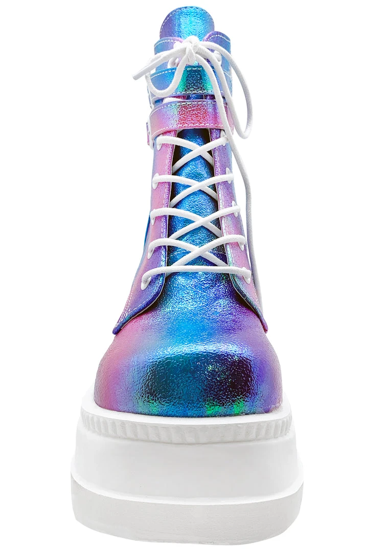 Demonia Shaker Metallic Iridescent Platform Boots In Pink Purple 7 Demonia Shaker Metallic Iridescent Platform Boots In Pink Purple