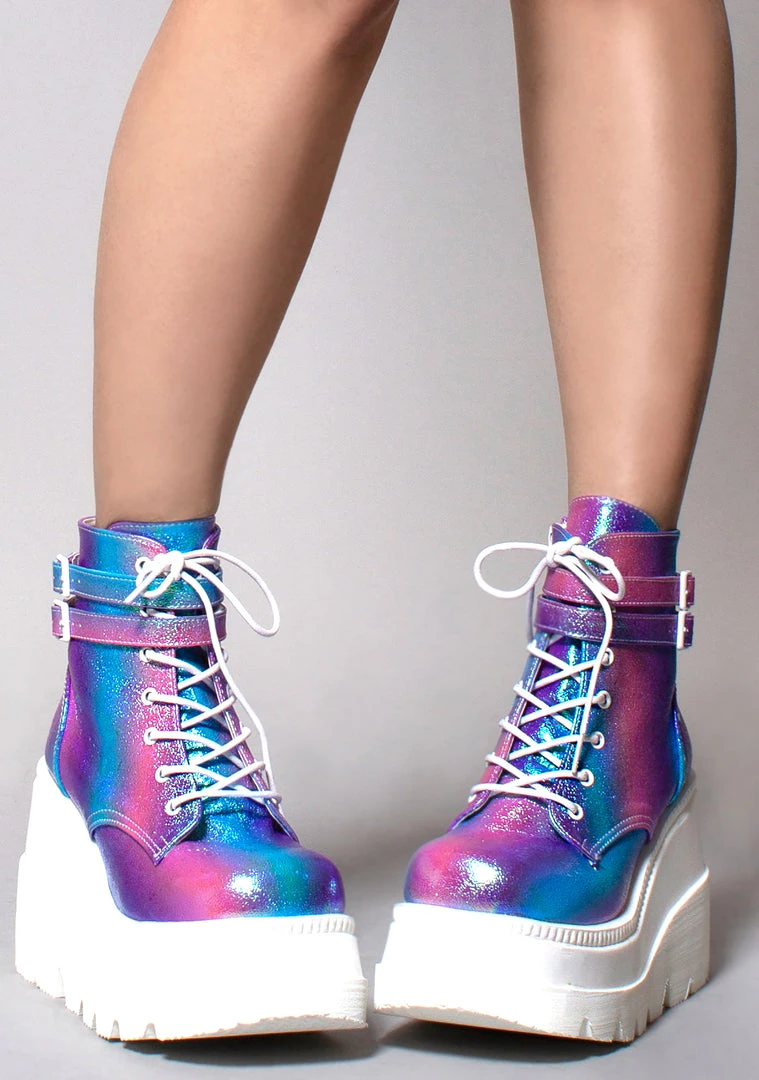 Demonia Shaker Metallic Iridescent Platform Boots In Pink Purple 3 Demonia Shaker Metallic Iridescent Platform Boots In Pink Purple