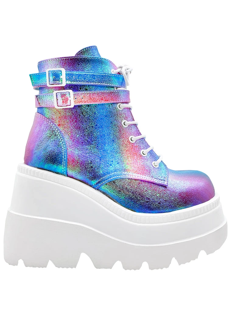 Demonia Shaker Metallic Iridescent Platform Boots In Pink Purple 6 Demonia Shaker Metallic Iridescent Platform Boots In Pink Purple
