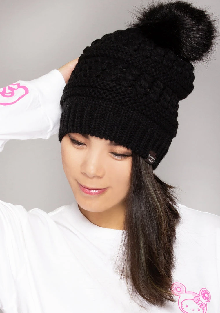LA Style Rush Pom Knit Beanie In Black The Great Fantastic 4 LA Style Rush Pom Knit Beanie In Black The Great Fantastic