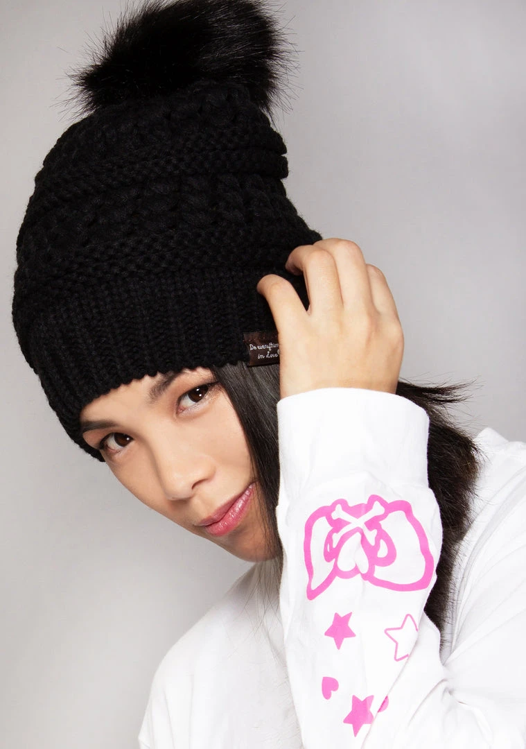 LA Style Rush Pom Knit Beanie In Black The Great Fantastic 3 LA Style Rush Pom Knit Beanie In Black The Great Fantastic