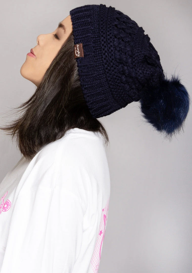 LA Style Rush The Great Fantastic Pom Knit Beanie In Navy 3 LA Style Rush The Great Fantastic Pom Knit Beanie In Navy