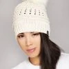 LA Style Rush Pom Knit Beanie In Ivory