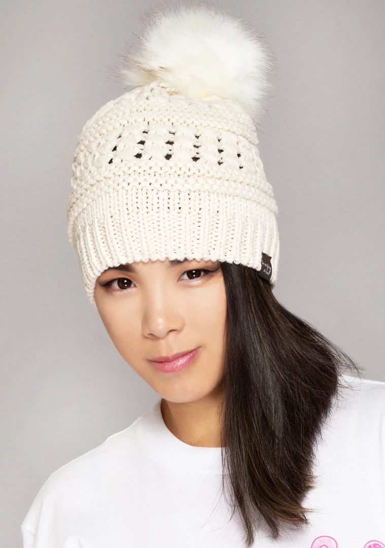 LA Style Rush Pom Knit Beanie In Ivory 3 LA Style Rush Pom Knit Beanie In Ivory