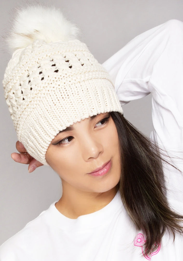 LA Style Rush Pom Knit Beanie In Ivory 4 LA Style Rush Pom Knit Beanie In Ivory