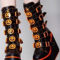 Y.R.U. Dune Jackolantern Platform Boots In Black Orange Shoes