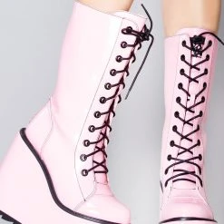 Y.R.U. Dune Lace Up Platform Boots In Pink Black Tea Room Cinema