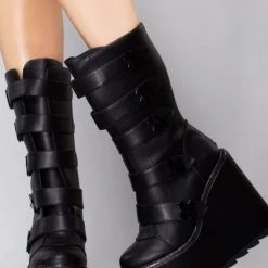 Y.R.U. Tea Room Cinema Dune Strapped X Platform Boots In Blackout