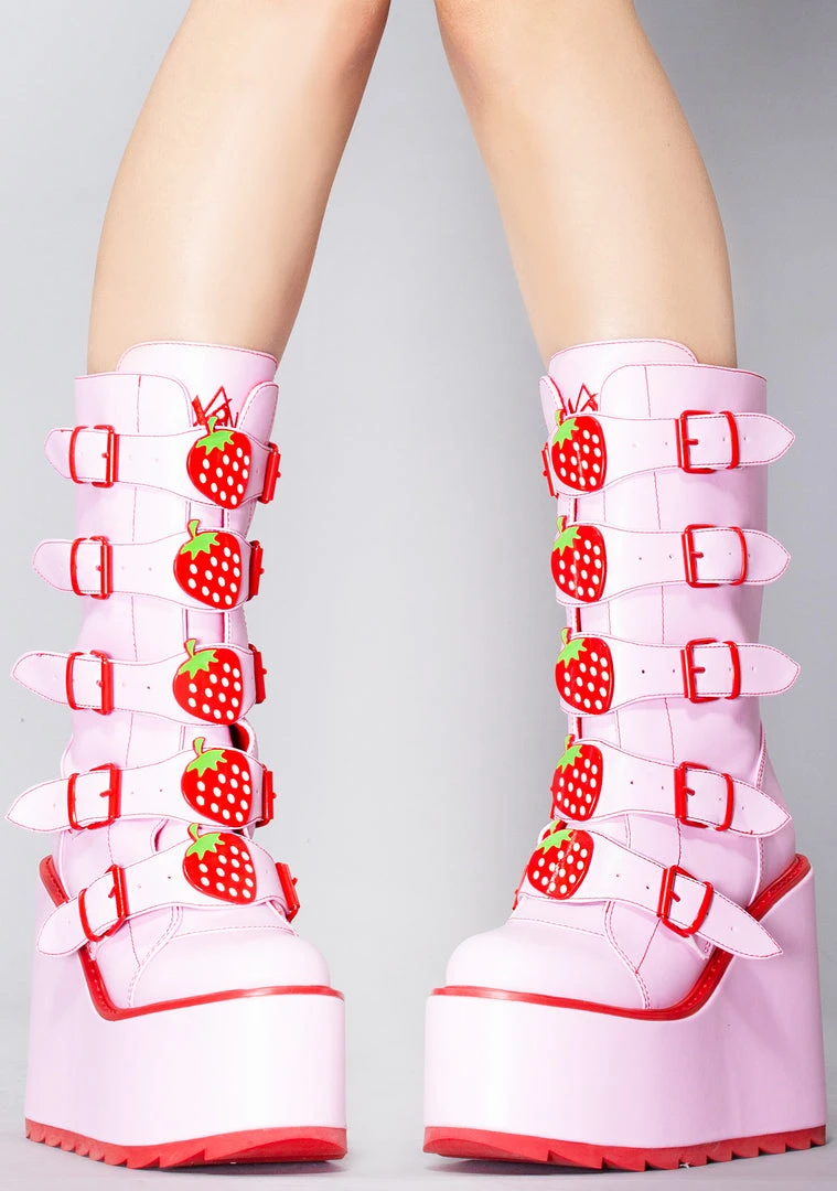 Y.R.U. Dune Strawberry Platform Boots In Pink Red 3 Y.R.U. Dune Strawberry Platform Boots In Pink Red