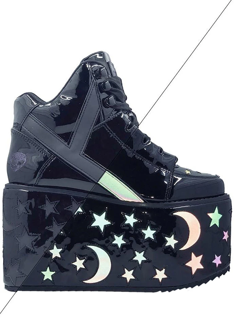 Y.R.U. Qozmo Moon & Star Platform Sneakers In Black Reflective 6 Y.R.U. Qozmo Moon & Star Platform Sneakers In Black Reflective