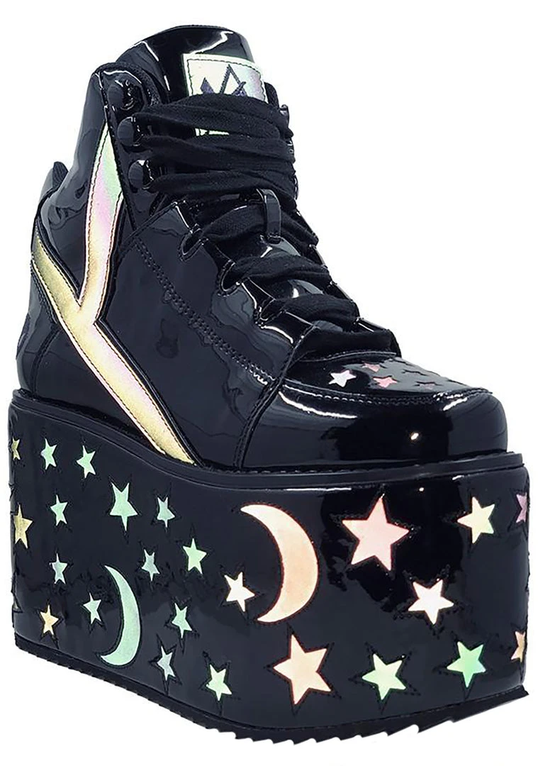 Y.R.U. Qozmo Moon & Star Platform Sneakers In Black Reflective 7 Y.R.U. Qozmo Moon & Star Platform Sneakers In Black Reflective